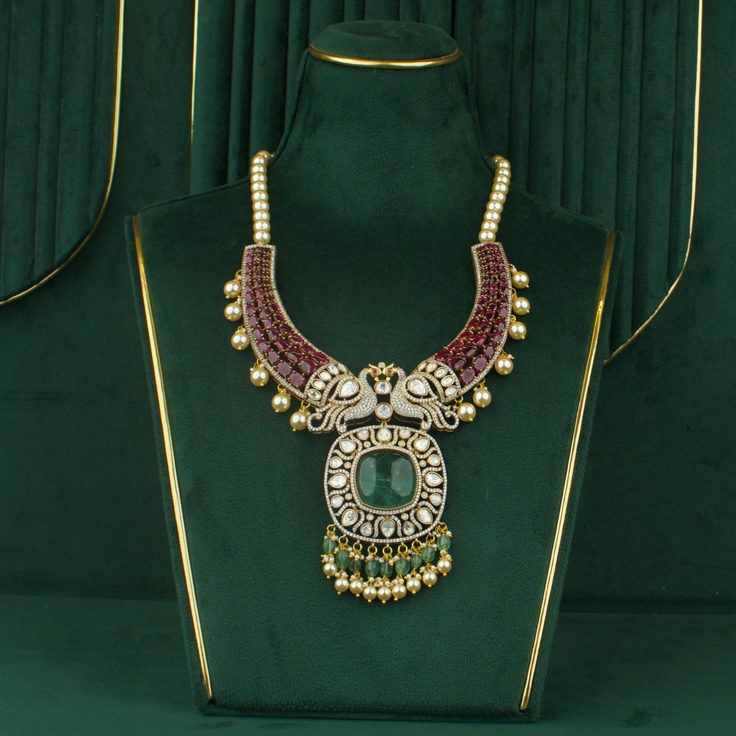 Grand Fusion Kundan & Polki Victorian Mehandi Necklace With Matching Earrings