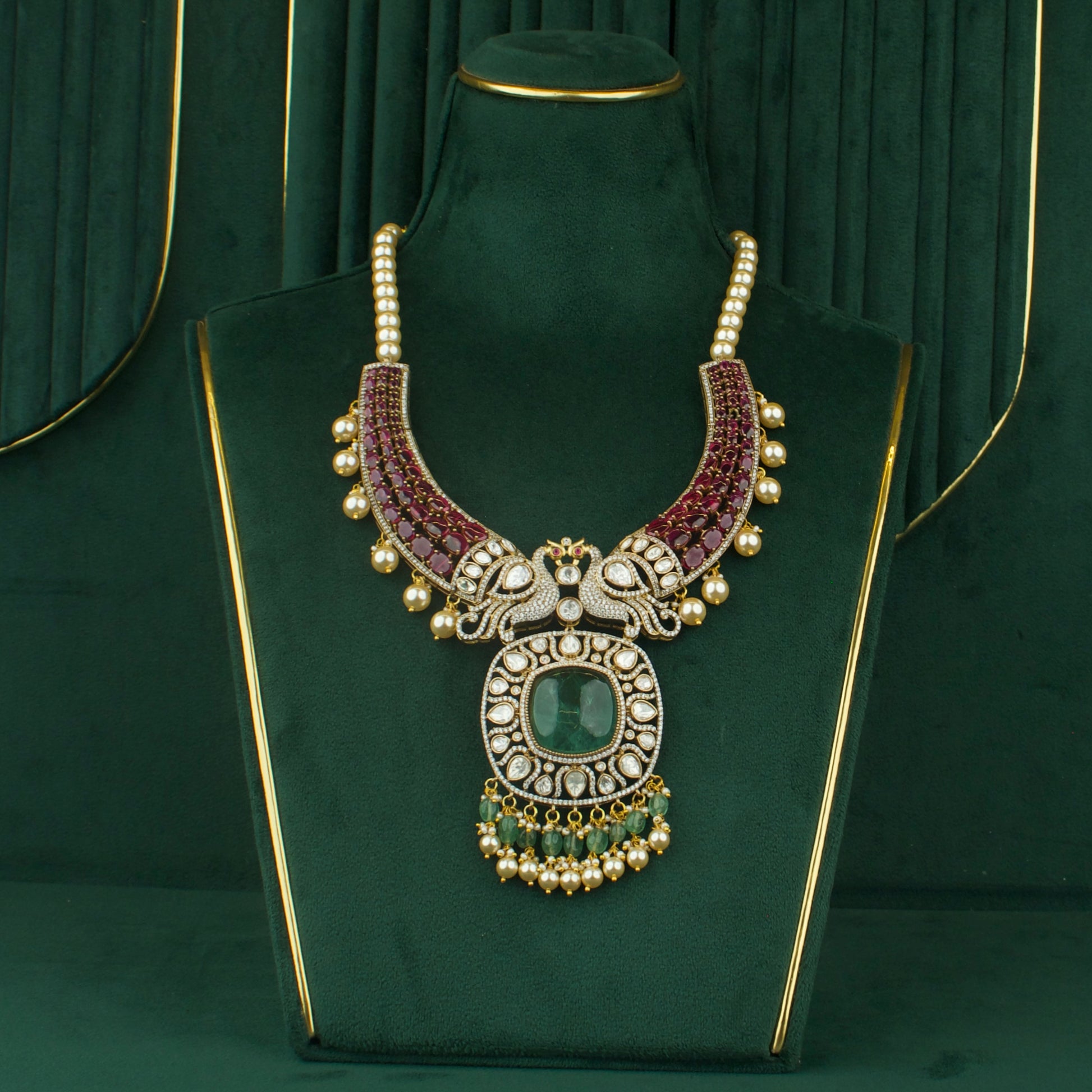 Grand Fusion Kundan & Polki Victorian Mehandi Necklace With Matching Earrings