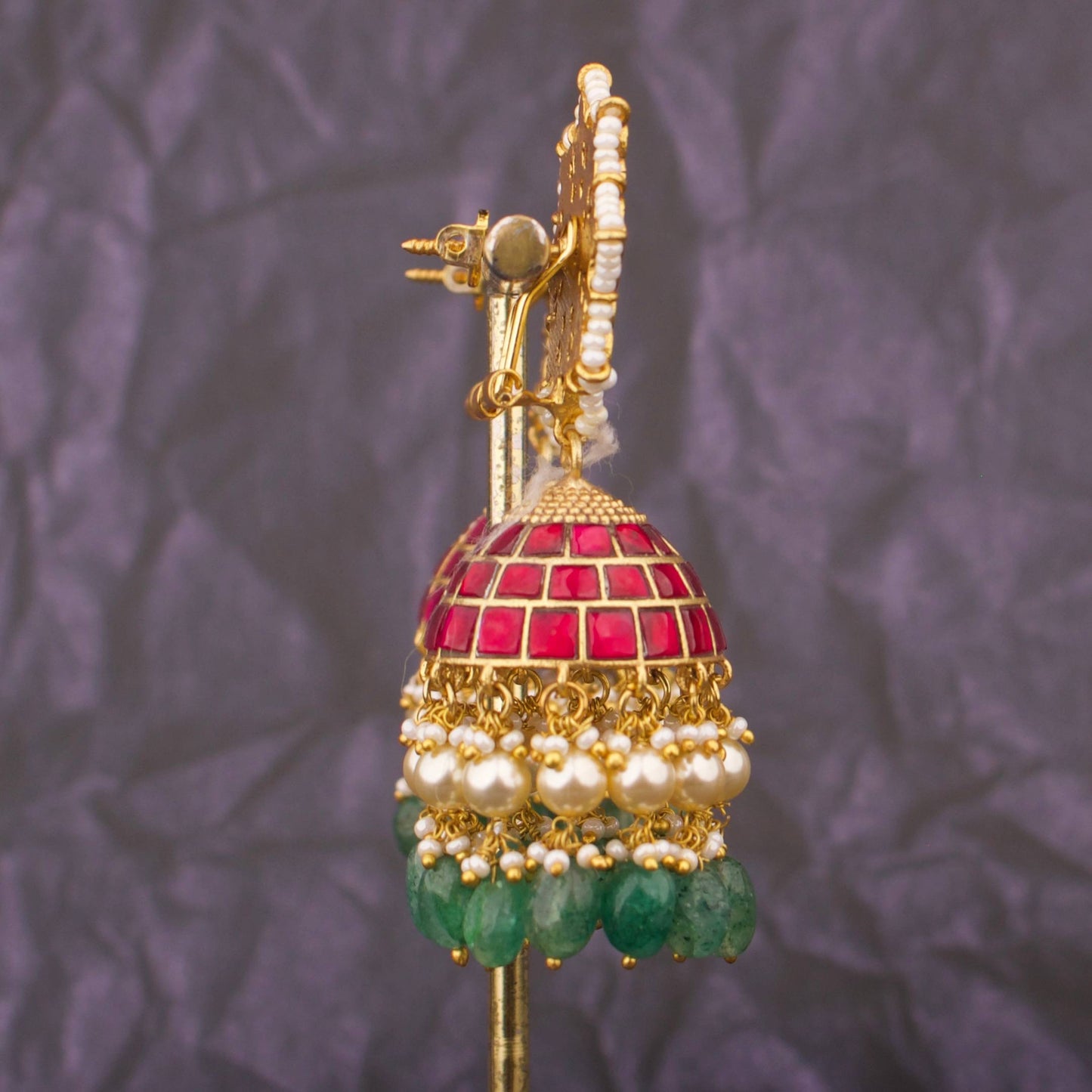Opulent Jadau Kundan Studded Jhumka Earrings With Pearls And Green Beads