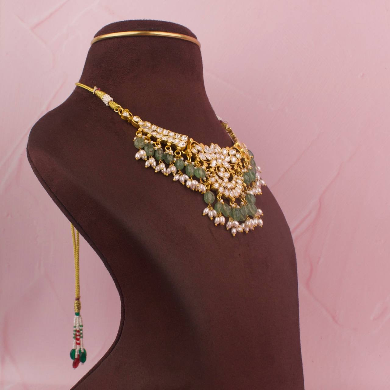 Simple Moissanite Polki Necklace With Guttapusalu Hangings