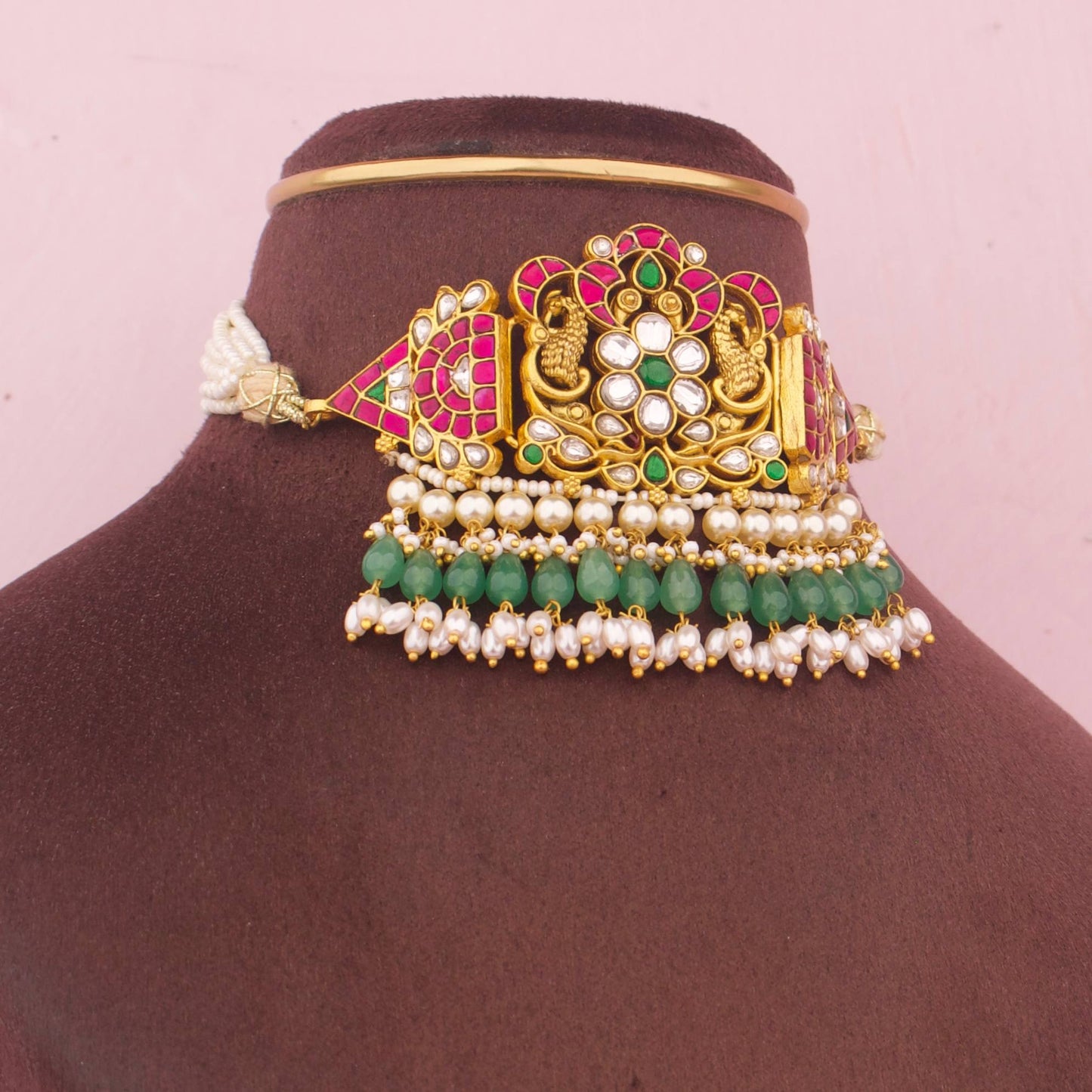 Temple Style Jadau Kundan Choker With Rice Pearl Hangings