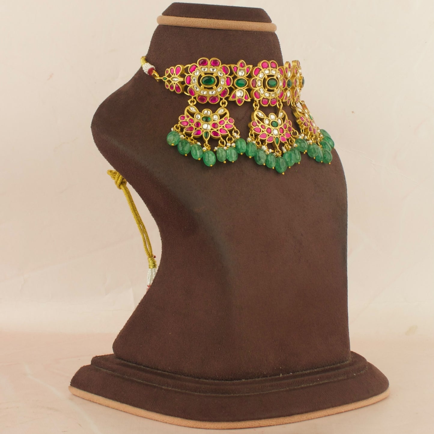 Floral Chandbali Design Lockets Jadau Kundan Choker with Green Beads