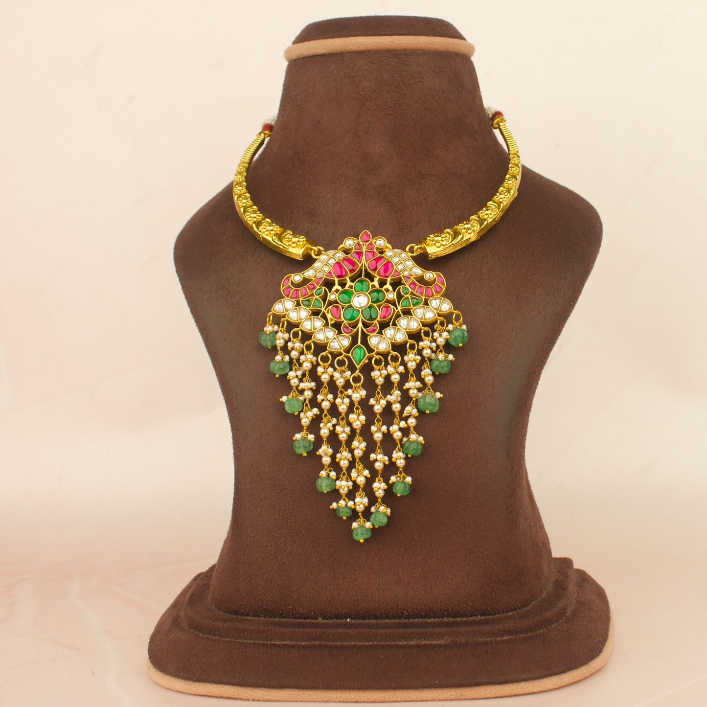 Peacock Design Jadau Kundan Kanti Necklace With Pearl & Beads Hangings