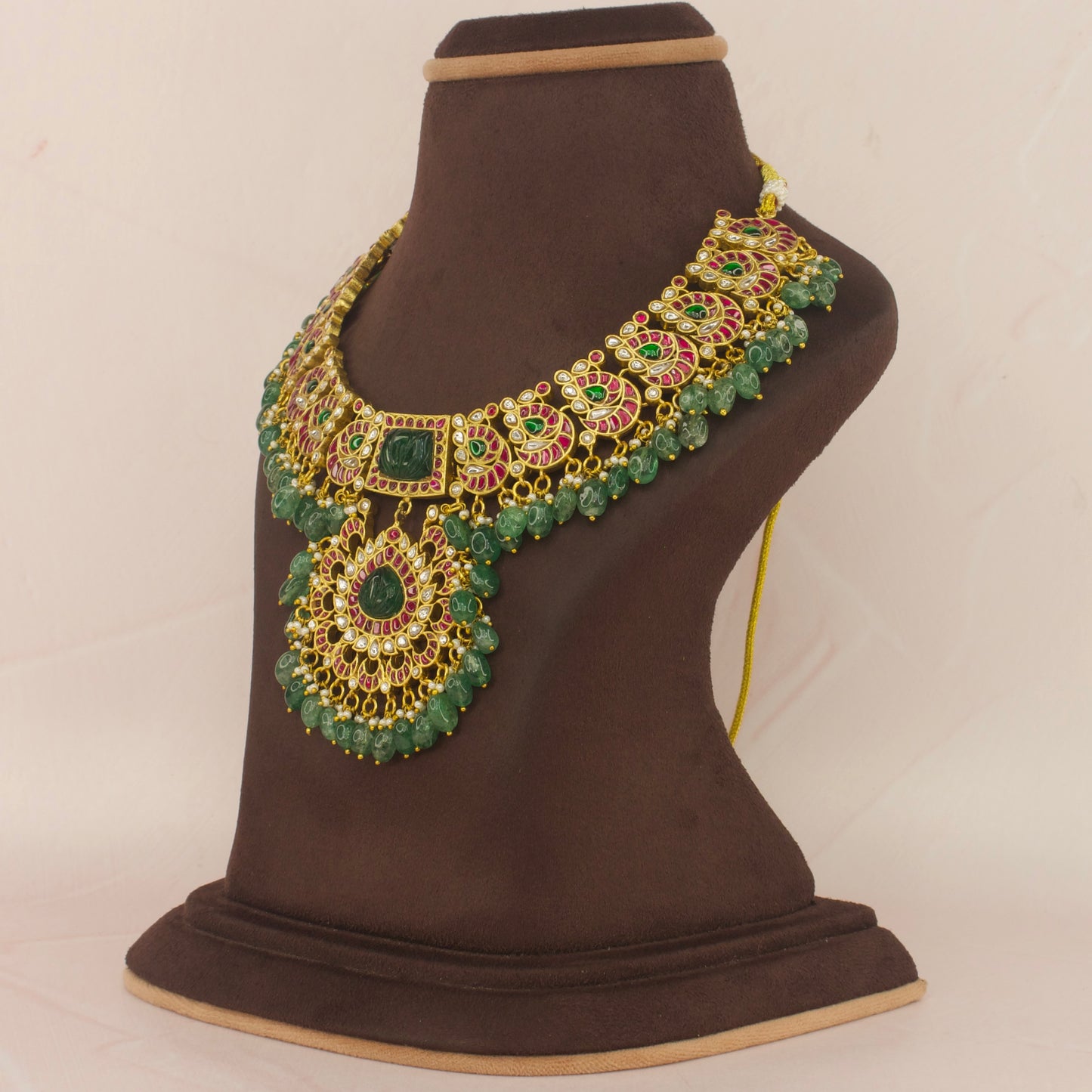 Elegant Jadau Kundan Necklace with Emerald Bead Accents with 22k Gold plating