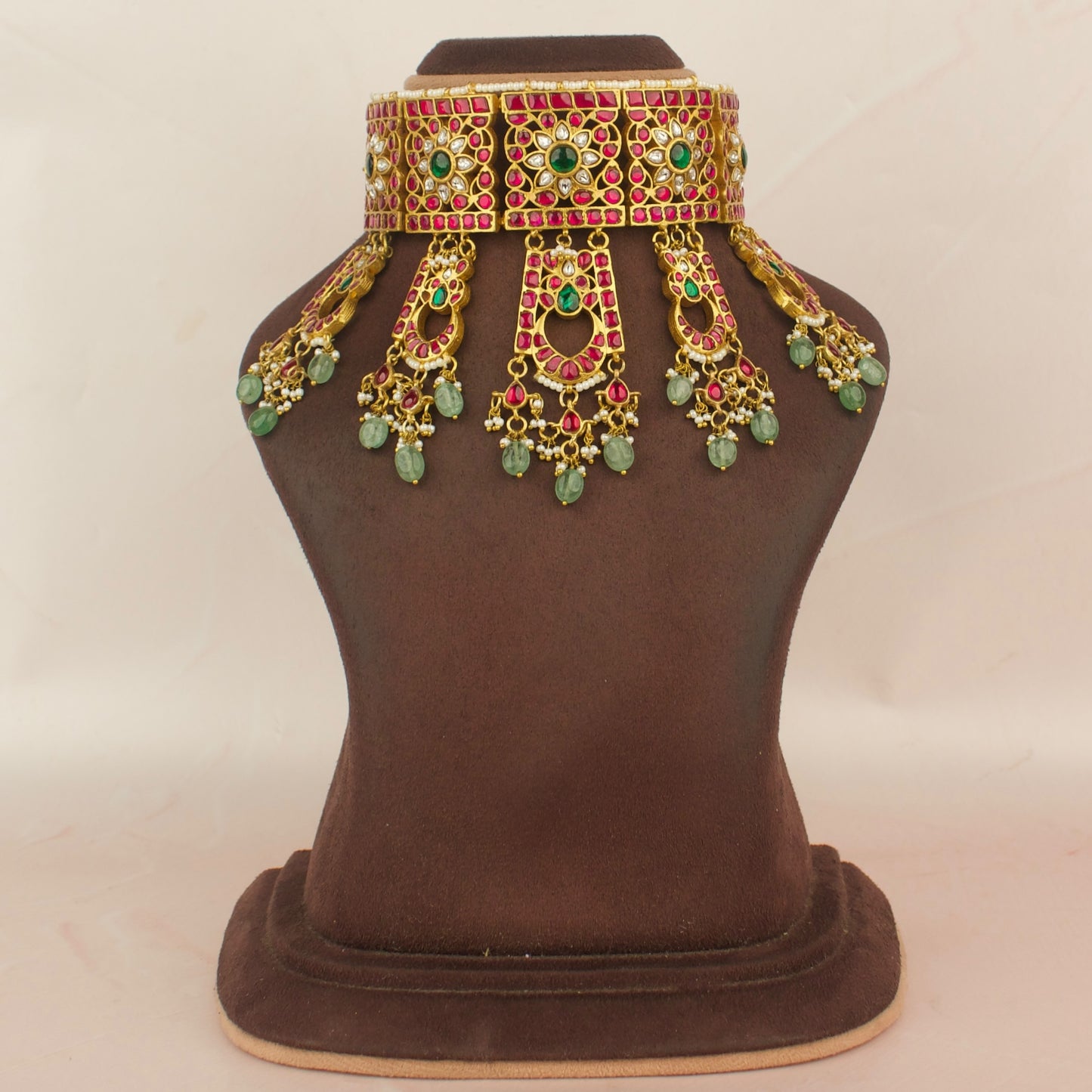 Floral Chandi Bali Design Jadau Kundan Choker with Green Beads