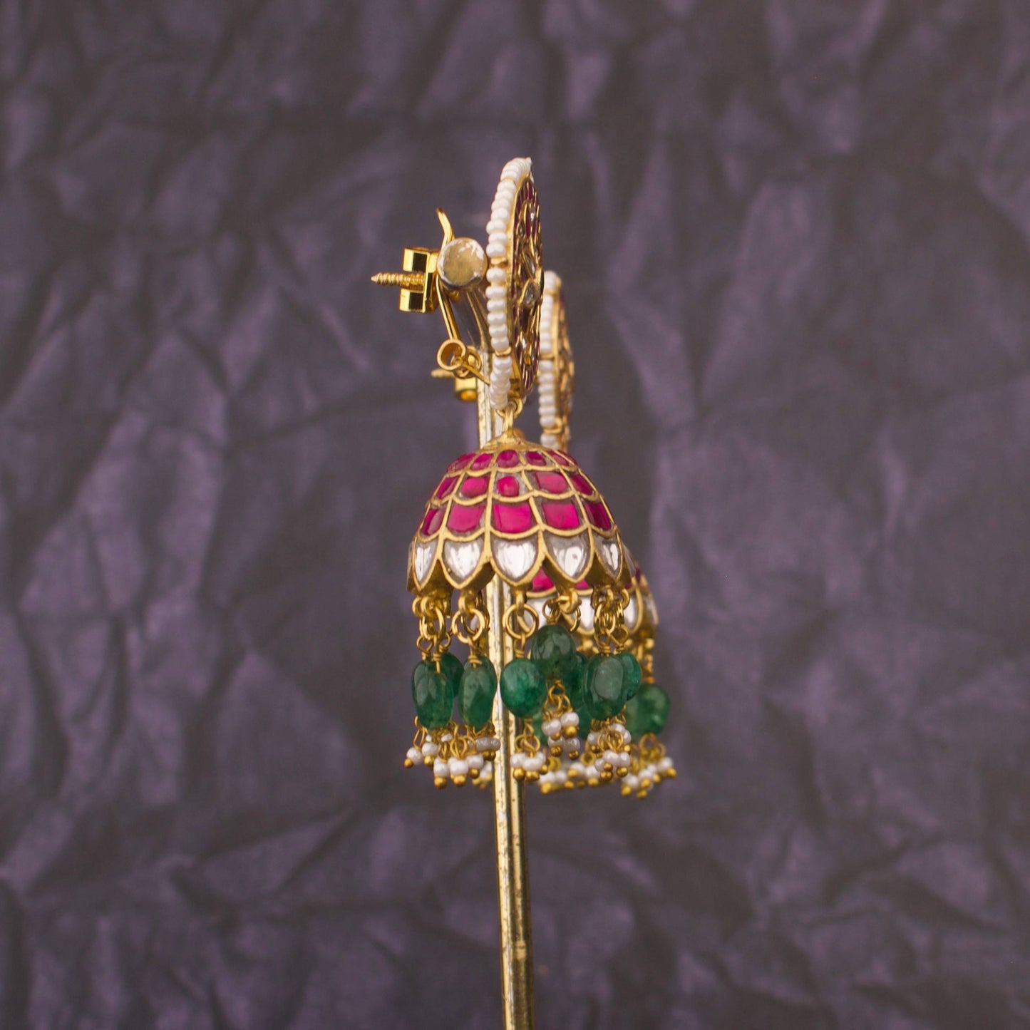 Bridal Jadau Kundan Jhumki Earrings With Strawberry Beads Hanging