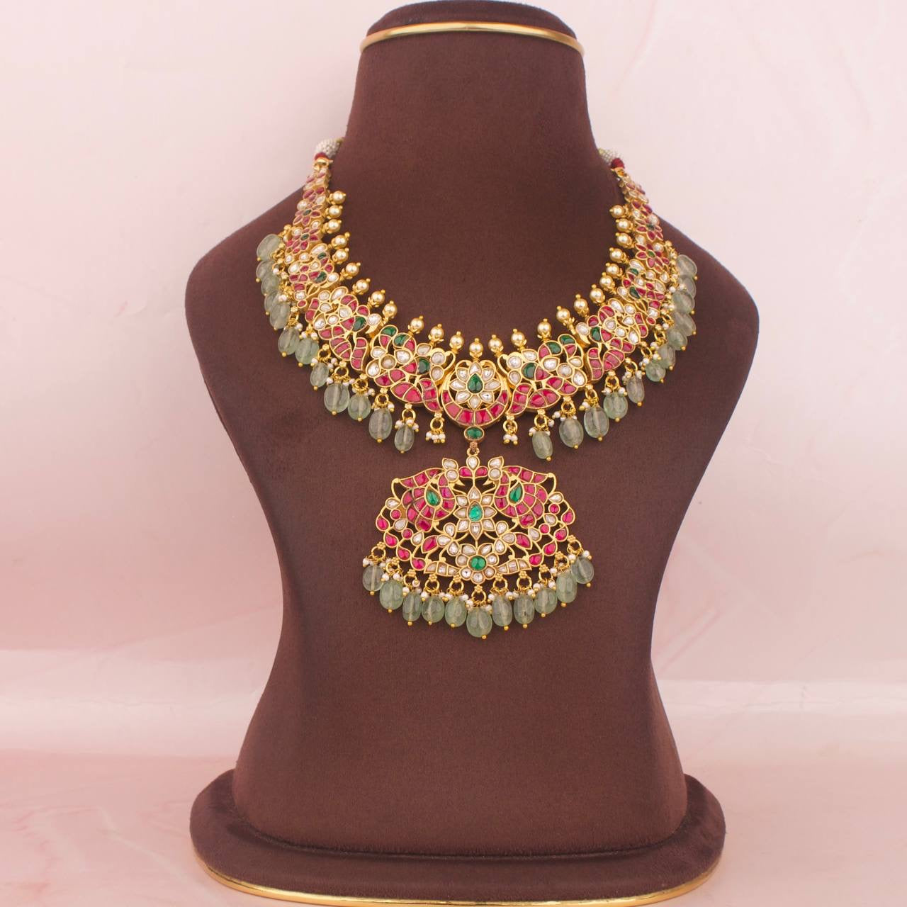 Traditional South-Indian Jadau Kundan Necklace With Beads Hanging