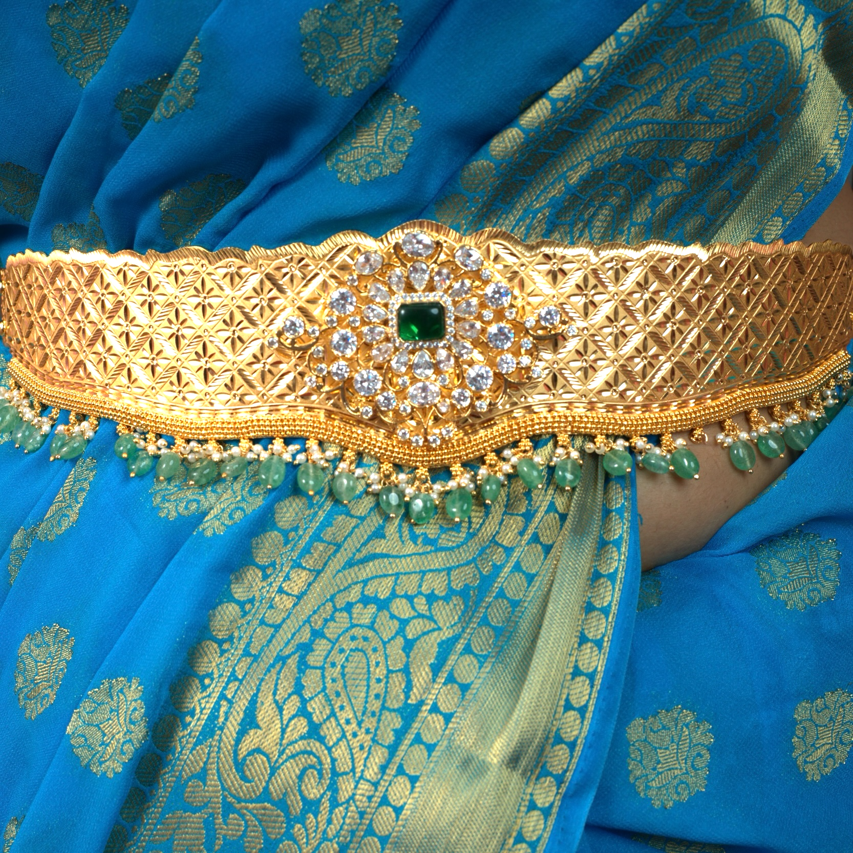 Gold Plated Bridal Hip Belt/Vaddanam with moissanite pendant