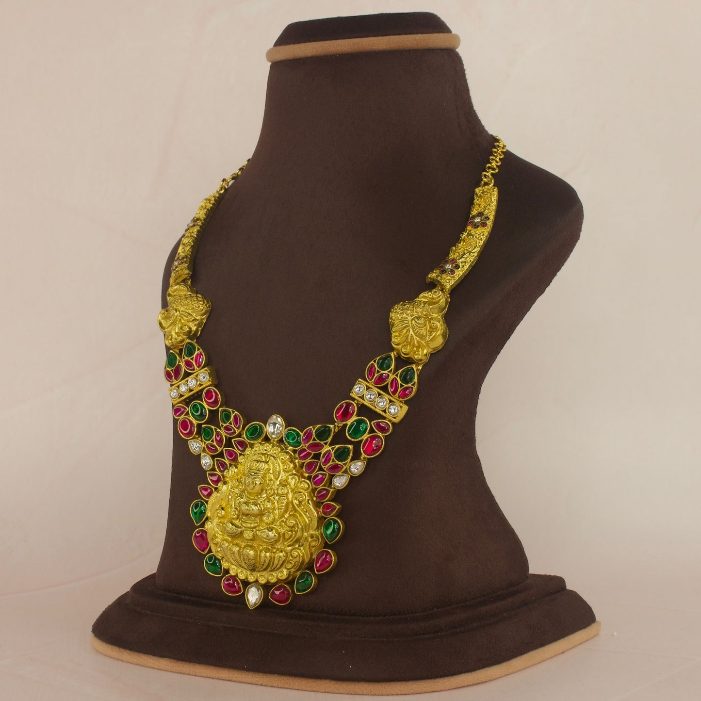 Majestic Jadau Kundan Kanti Necklace with Goddess Lakshmi Motif - DULHAN JEWELS