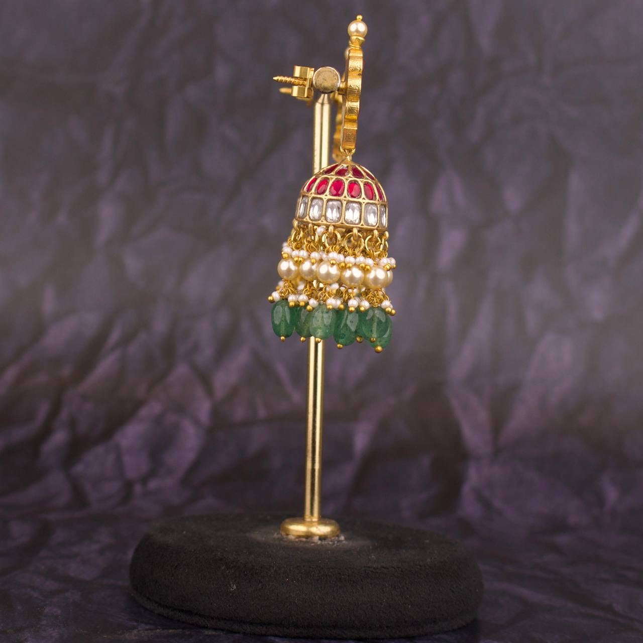 Floral Studded Jadau Kundan Bridal Jhumki Earrings With Guttapusalu Hangings
