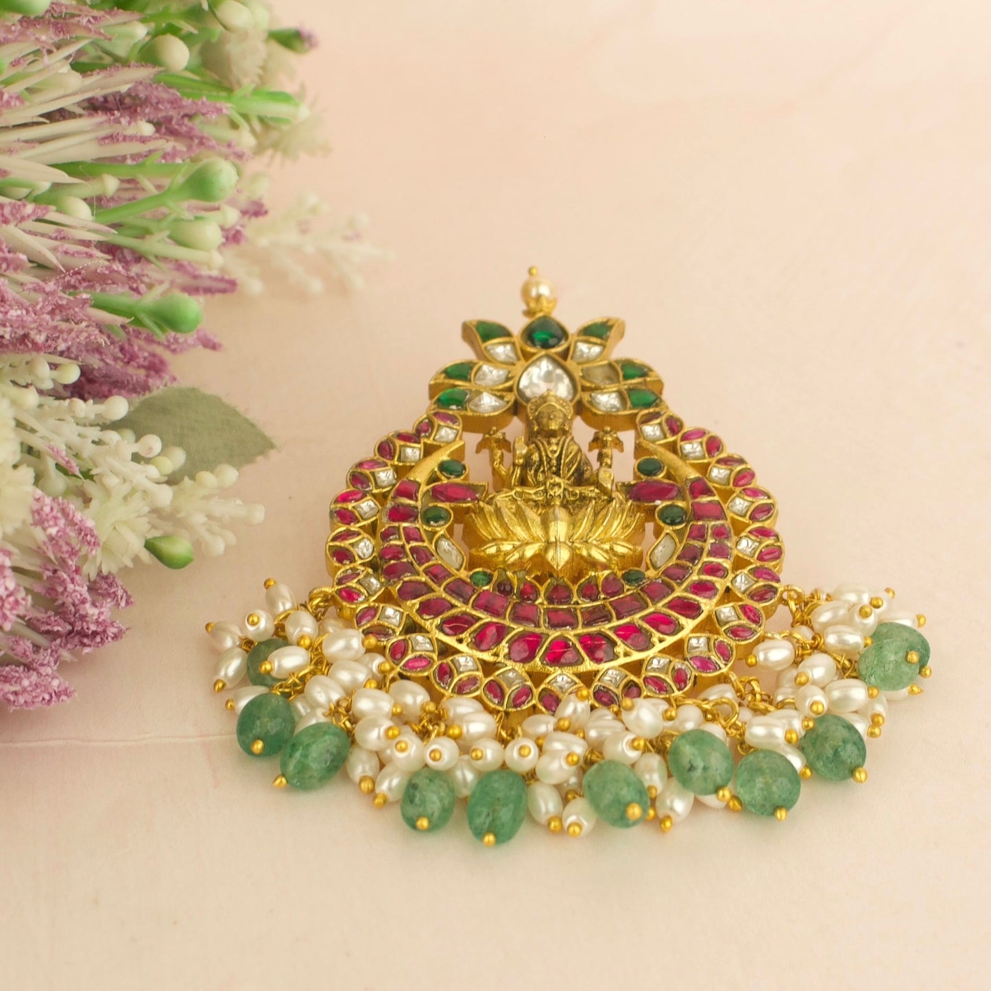 Jadau Kundan Laxmi Devi Design Lotus Pendant With Guttapusalu Hangings