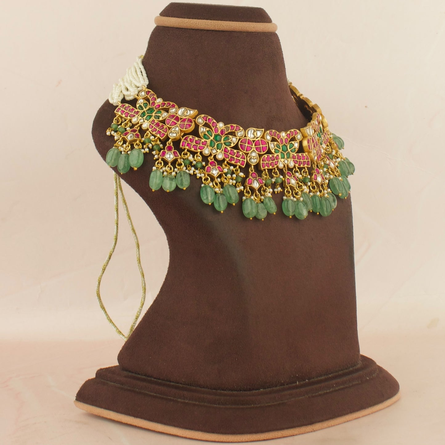 Grand Festive Design Jadau Kundan Short Beads Choker with Green Beads
