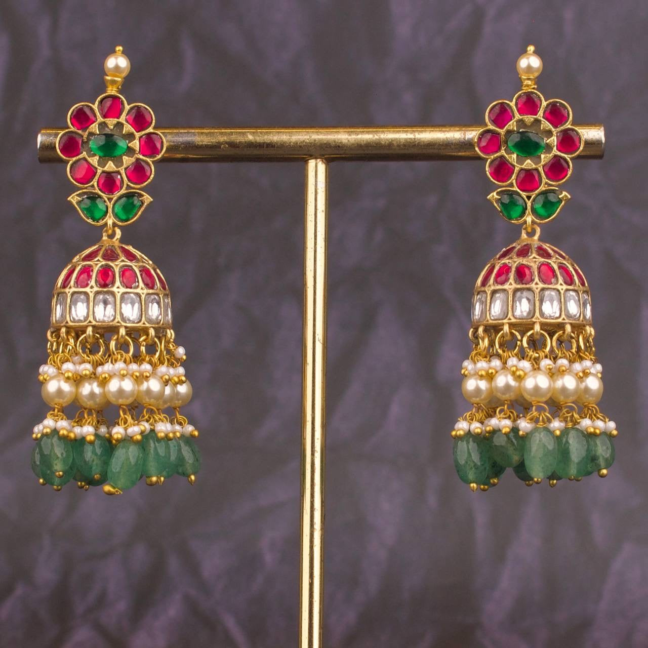 Floral Studded Jadau Kundan Bridal Jhumki Earrings With Guttapusalu Hangings