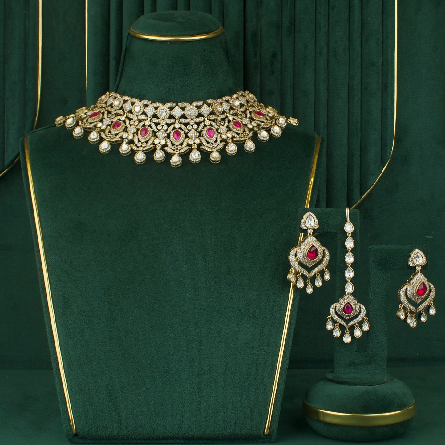 Traditional Polki Mehandi Victorian Choker Set With Matching Earrings And Maangtika