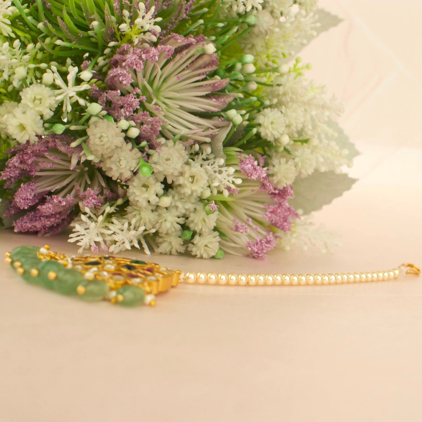 Floral Peacock Design Jadau Kundan Long Maang Tikka with Swarovski chain