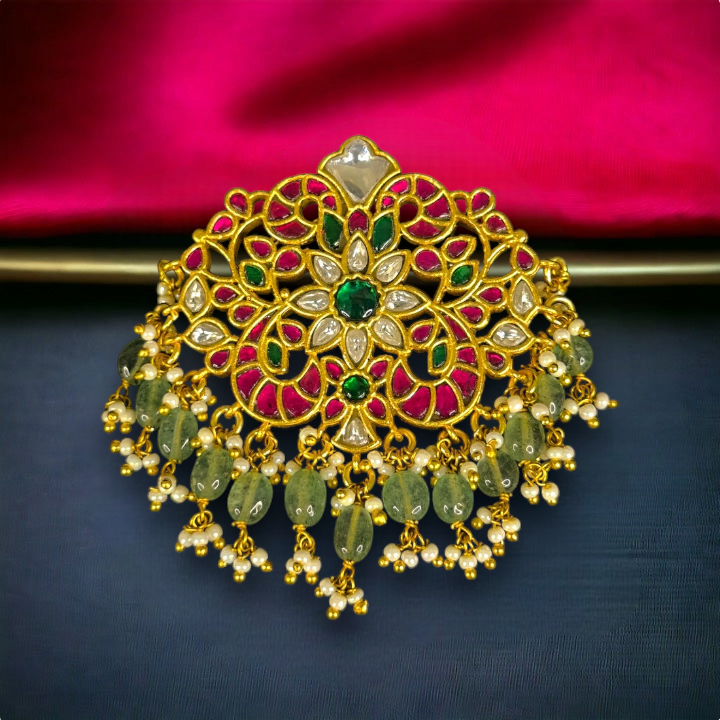 Exquisite Floral Ruby and Emerald Jadau Kundan Pendant 22k gold plating . This product belongs to Jadau Kundan jewellery category