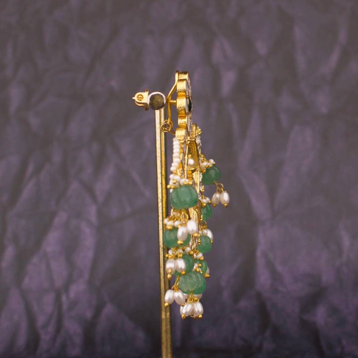 Bridal Polki Chandbali Earrings With Green Beads And Pearl Hangings