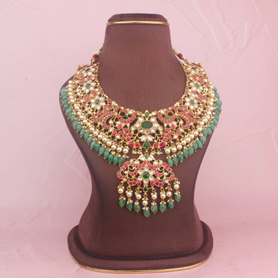 Regal Jadau Kundan Peacock Design Necklace With Emerald Beads