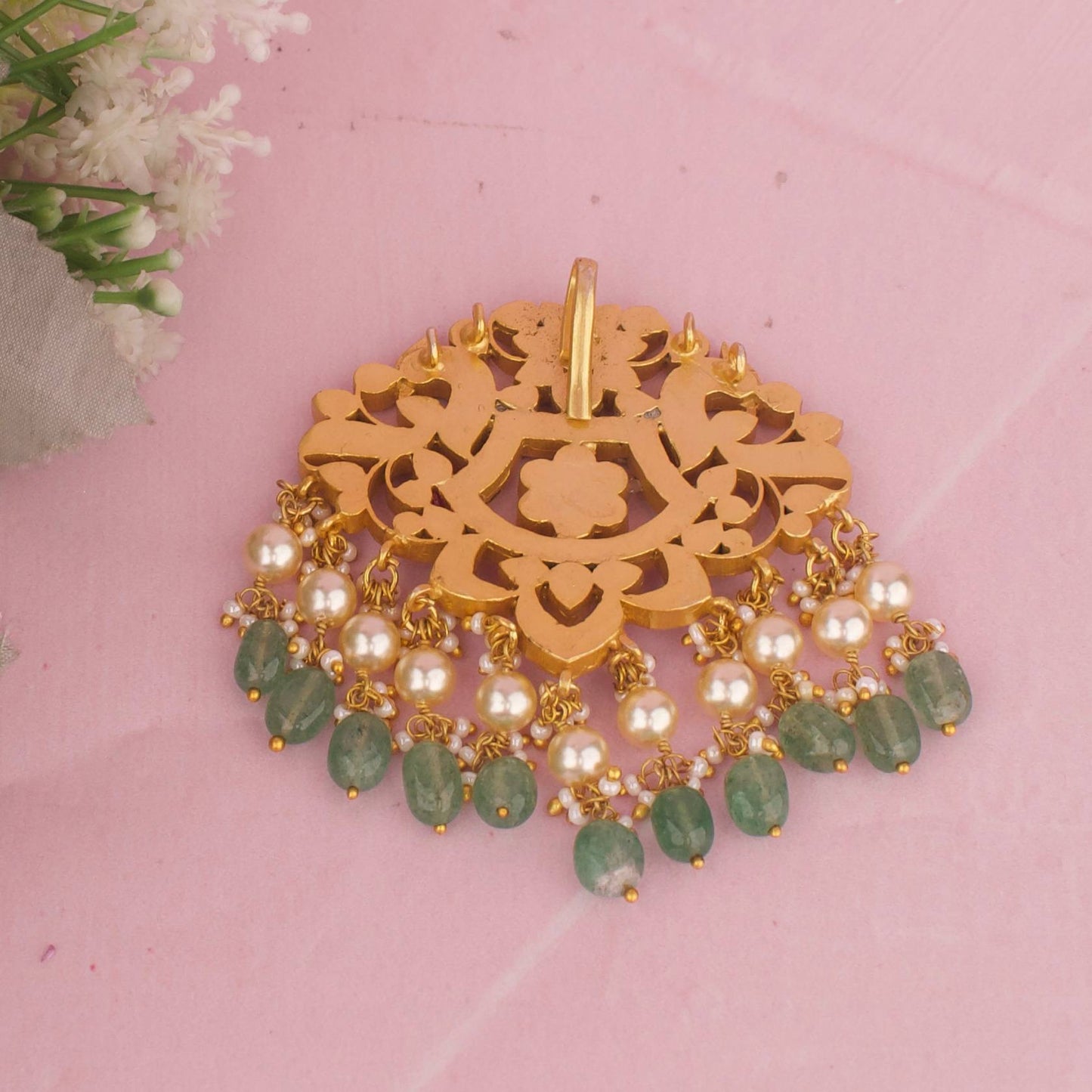 Peacock Floral Kundan Pendant With Emerald Beads