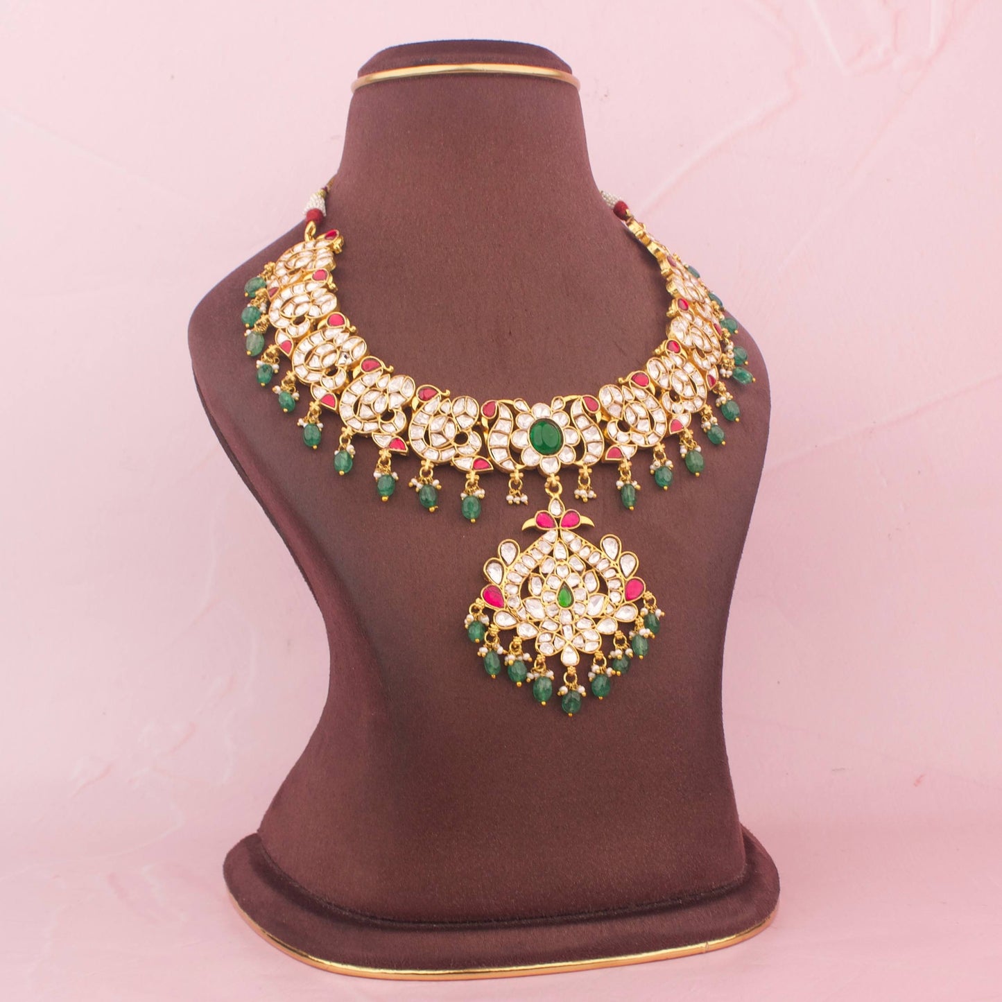 Ethnic Moissanite Polki With Peacock Design Pendant And Emerald Beads