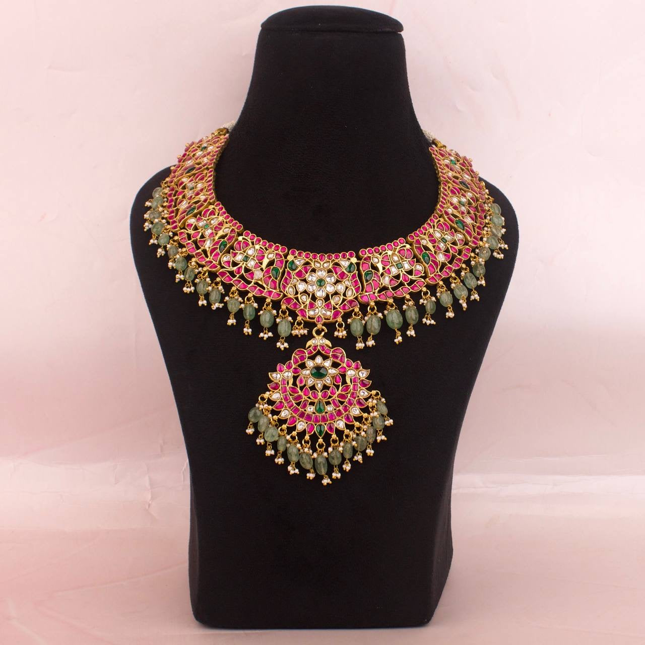 Traditional South Indian Jadau Kundan Necklace With Green Beads Hangings