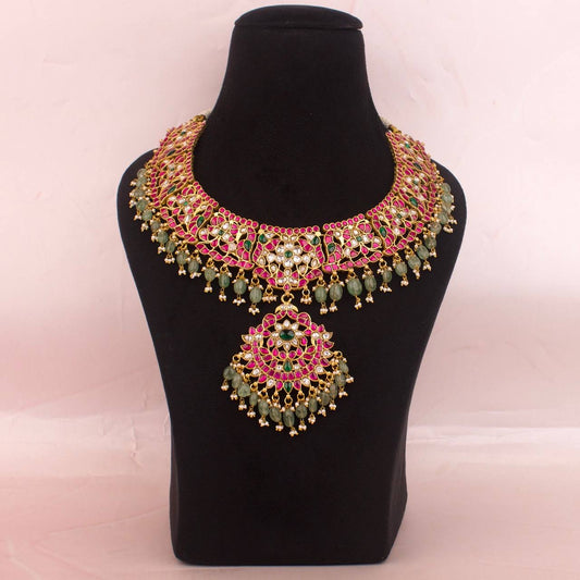 Traditional South Indian Jadau Kundan Necklace With Green Beads Hangings