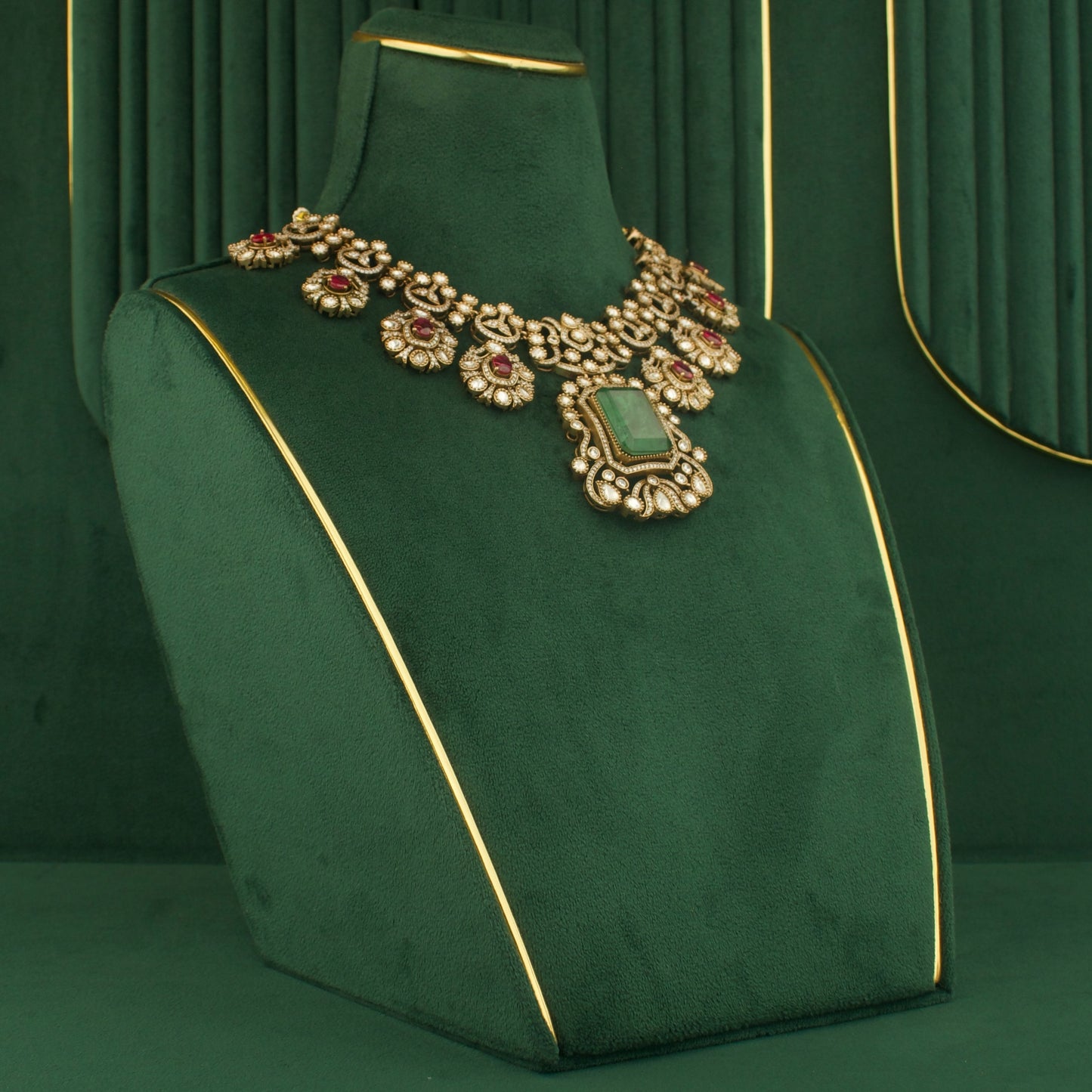 Squared Design Fusion Kundan & Polki Victorian Short Necklace with Earrings