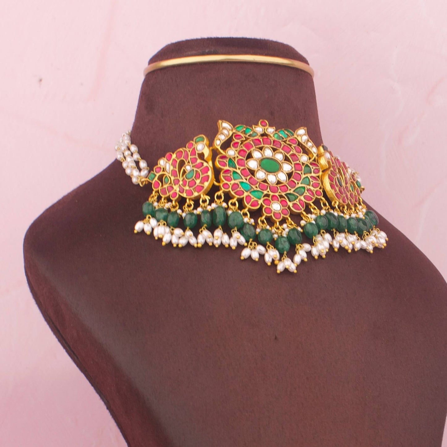 Royal Jadau Kundan Choker With Emerald Green Beads and Pearl Drops