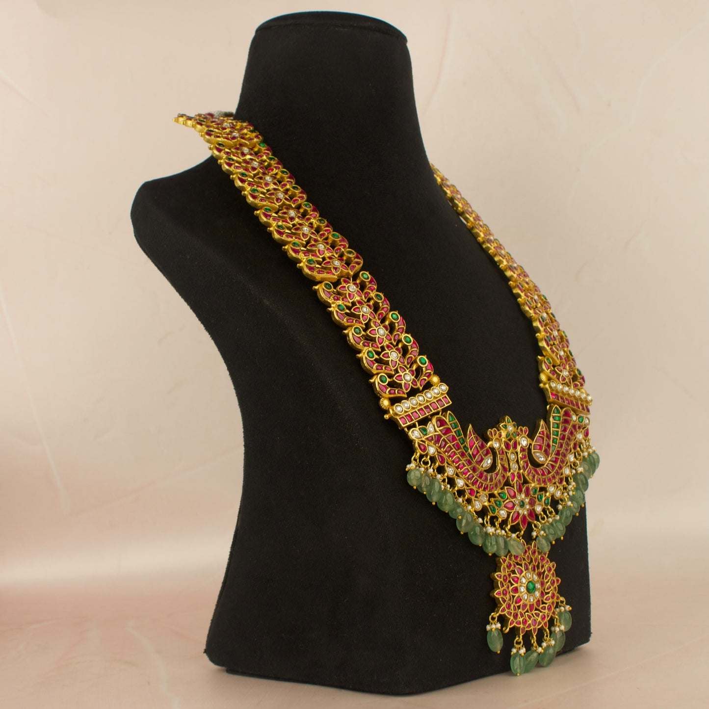 Lavish Floral Peacock Design Jadau Kundan Long Haram with Green Beads