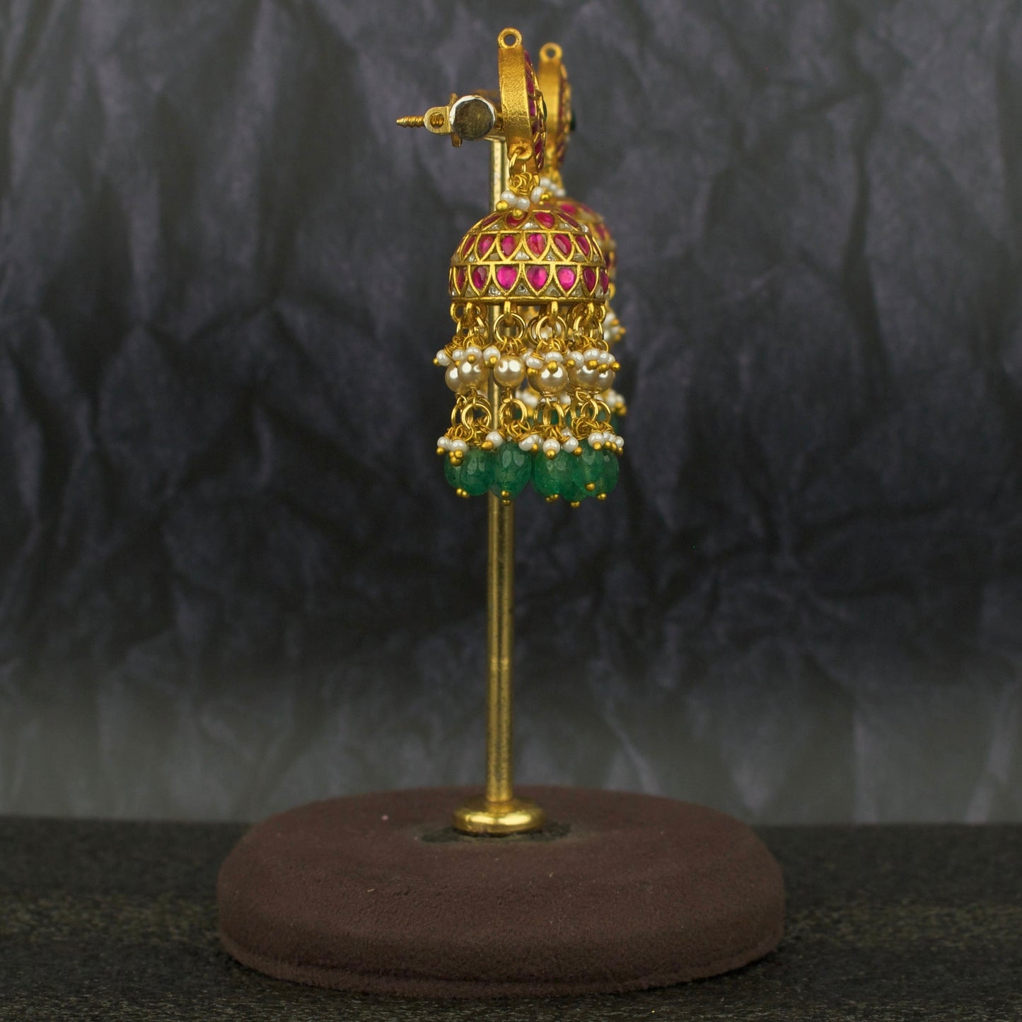 Charming Jadau Kundan Jhumki With Swarovski Pearl & Beads Hanging - DULHAN JEWELS