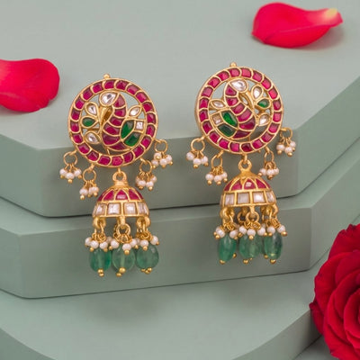 Radiant Jadau Kundan Jhumki Earrings With Emerald Drops - Handcrafted Indian Bridal Jewelry by Dulhan Jewels