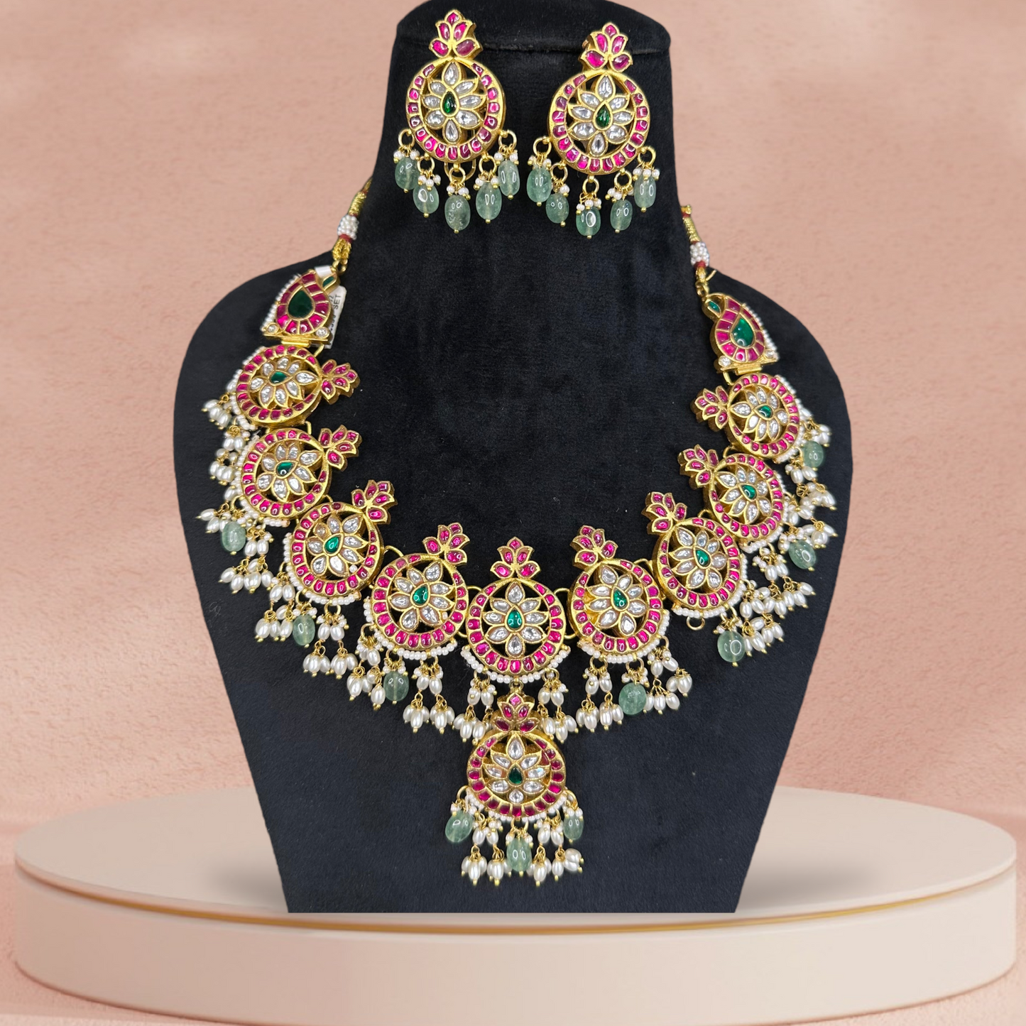 Opulent Jadau Kundan Round Motif Necklace Set with Earrings - DULHAN JEWELS