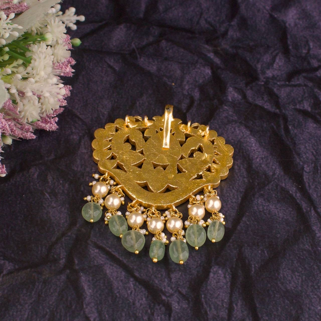 Unique Jadau Kundan Pendant With Pearl & Bead As Hanging