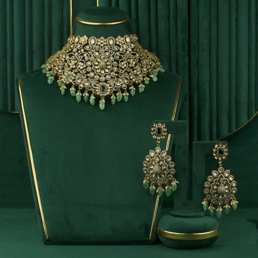 3D Popping Peacock Heavy Bridal Victorian AD Choker set - DULHAN JEWELS