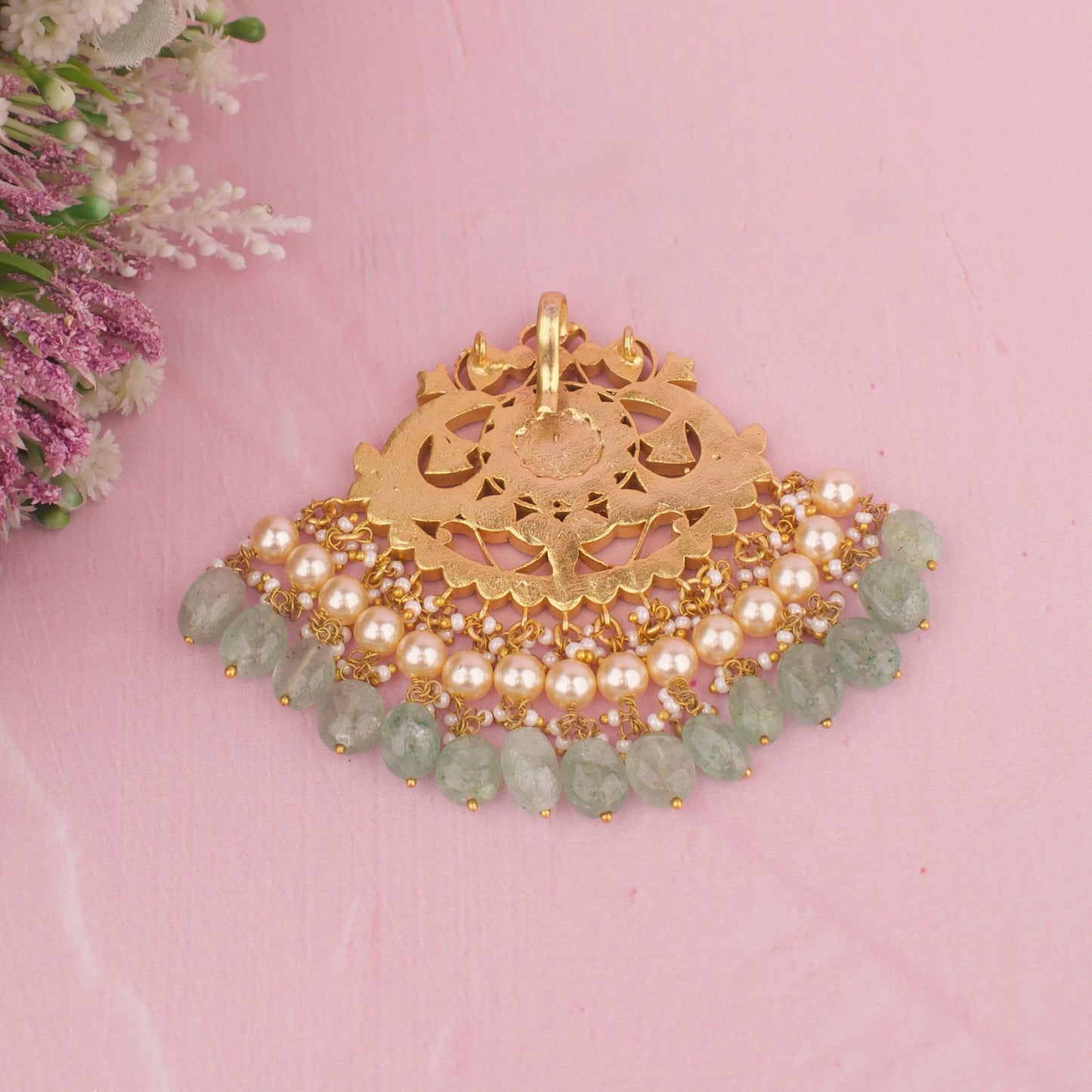 Exquisite Peacock floral Design Jadau Kundan Locket with Green Beads