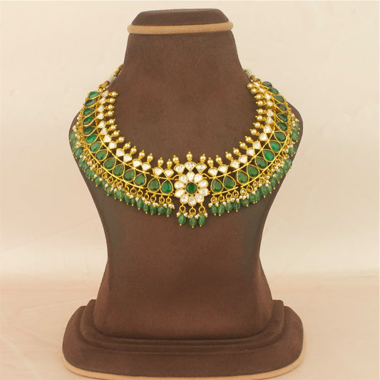 Classic Moissanite Polki Emerald Stone Short Necklace