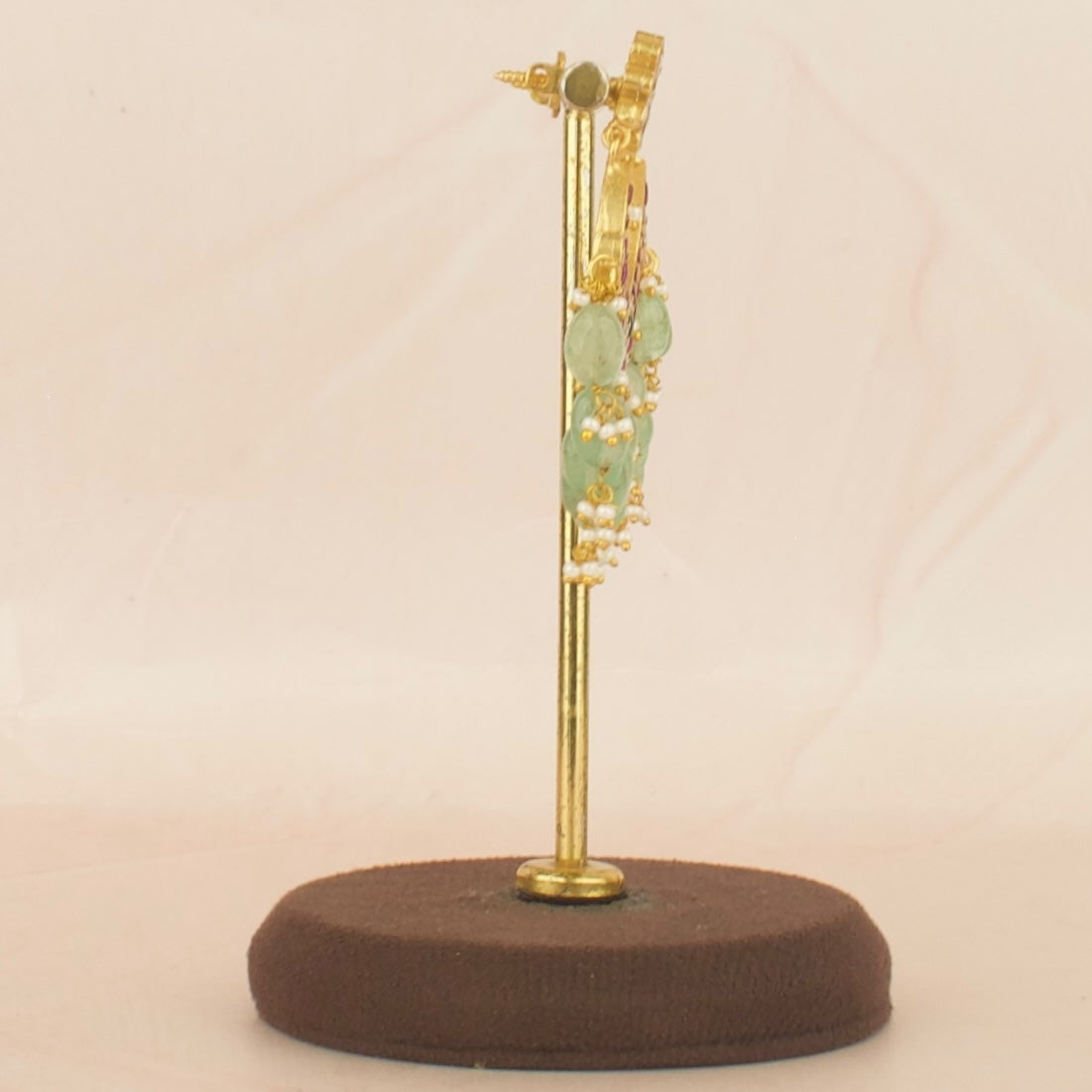 Lotus Design Jadau Kundan Chand Bali with Green Beads