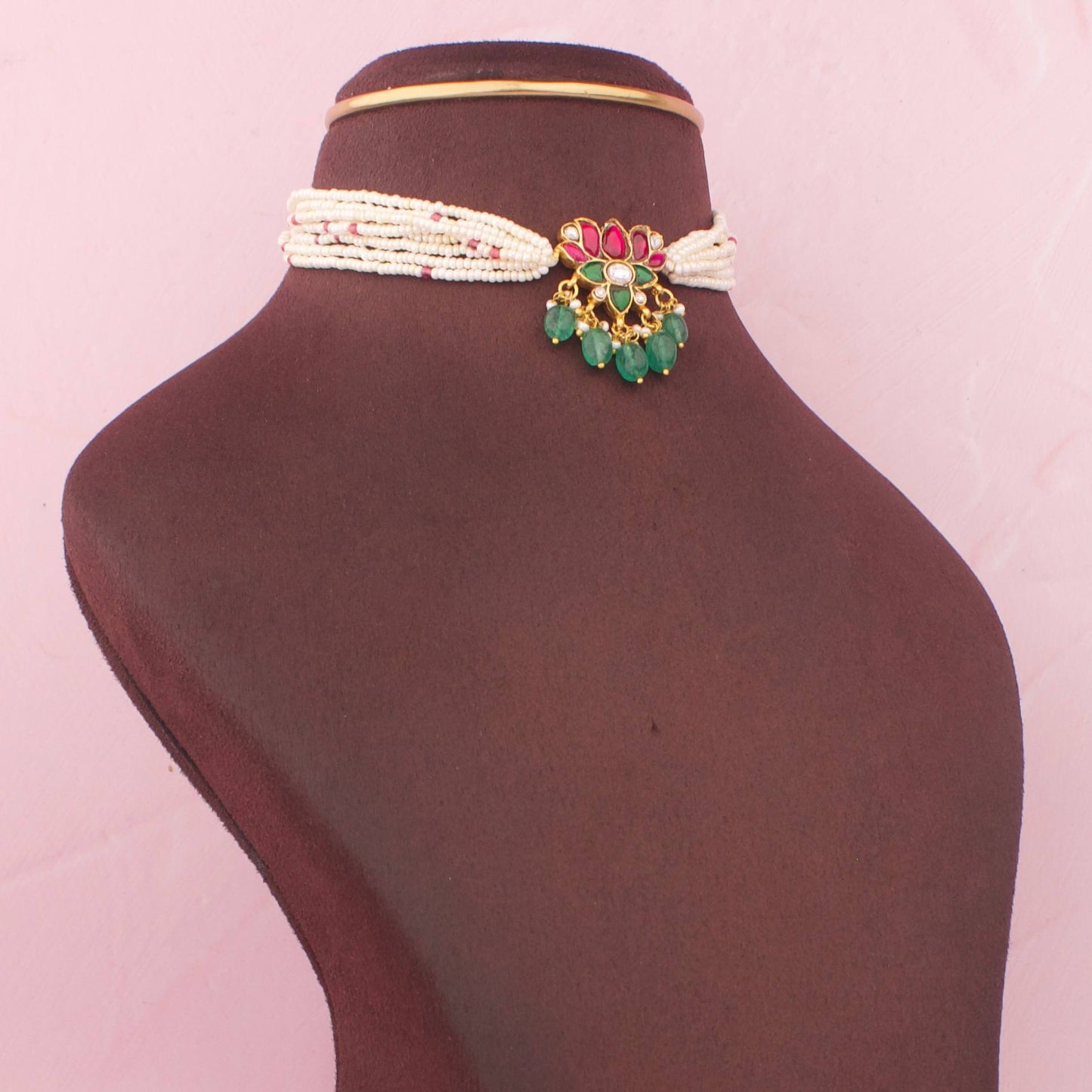 Premium Lotus Design Jadau Kundan Choker With Pearls And Green Beads