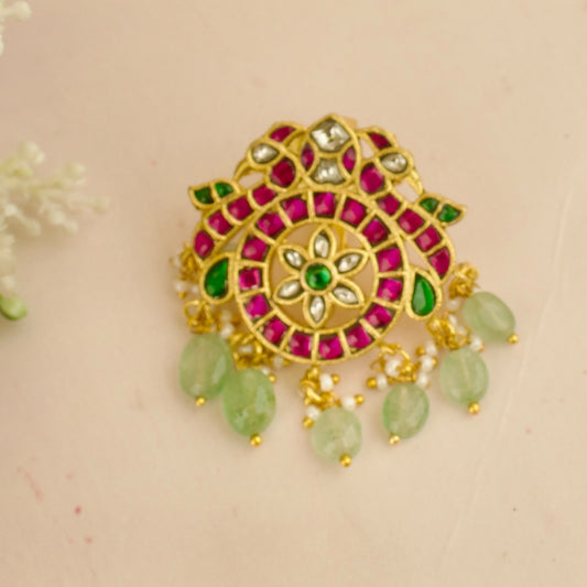 Floral Design Jadau Kundan Locket with Green Beads