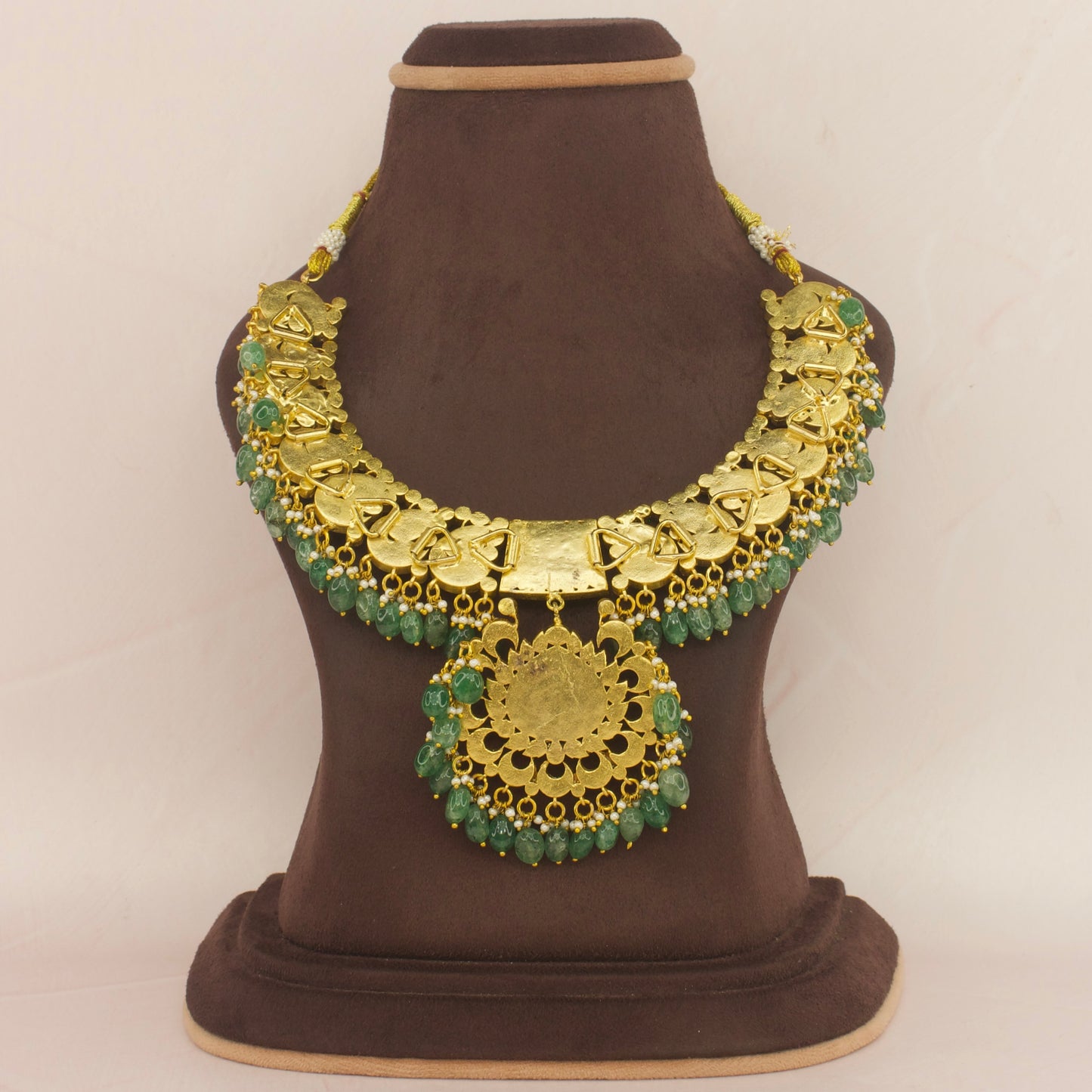Elegant Jadau Kundan Necklace with Emerald Bead Accents with 22k Gold plating