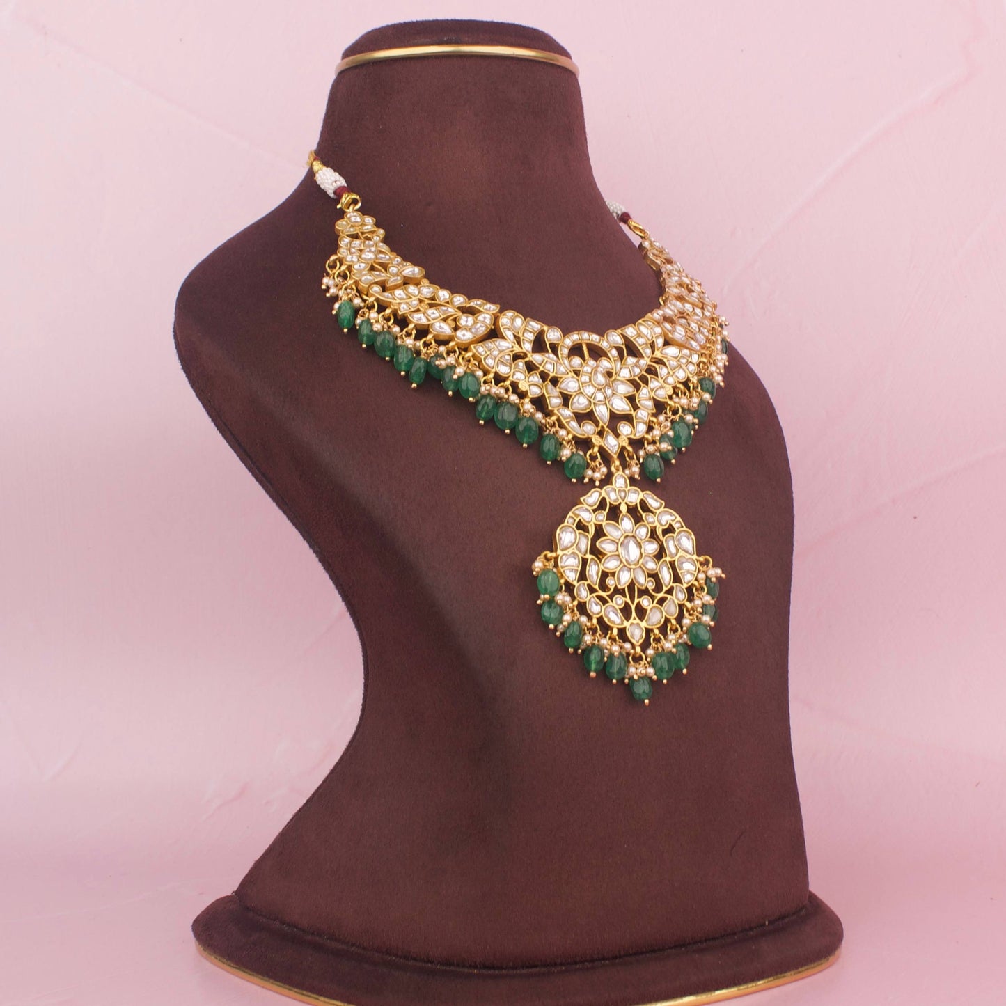Gold Style Jadau Kundan Traditional Necklace With Beads Hanging