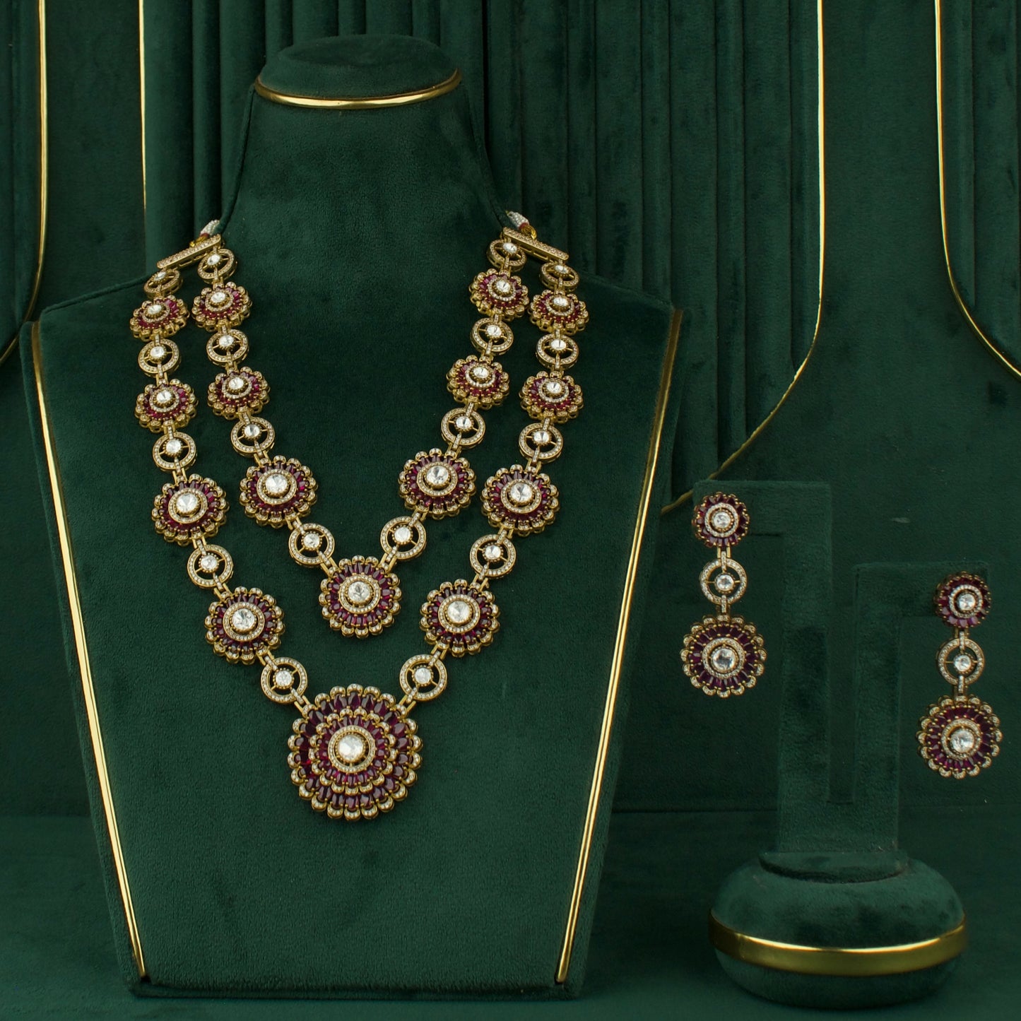 Grand floral Design Polki Victorian Layer Haram With Matching Hanging Earrings