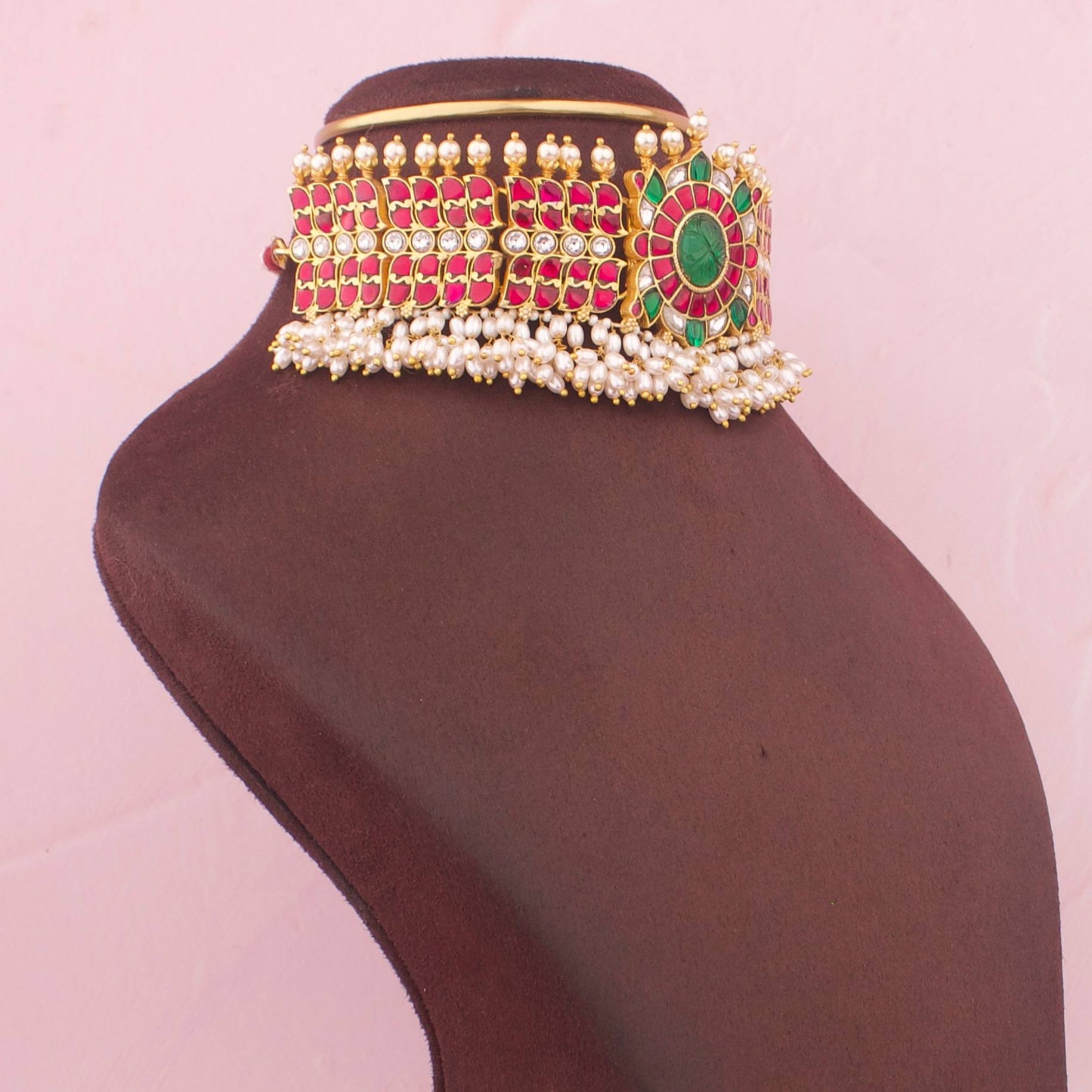 Royal Jadau Kundan Floral Design Choker with Green Stone And Pearl Drops