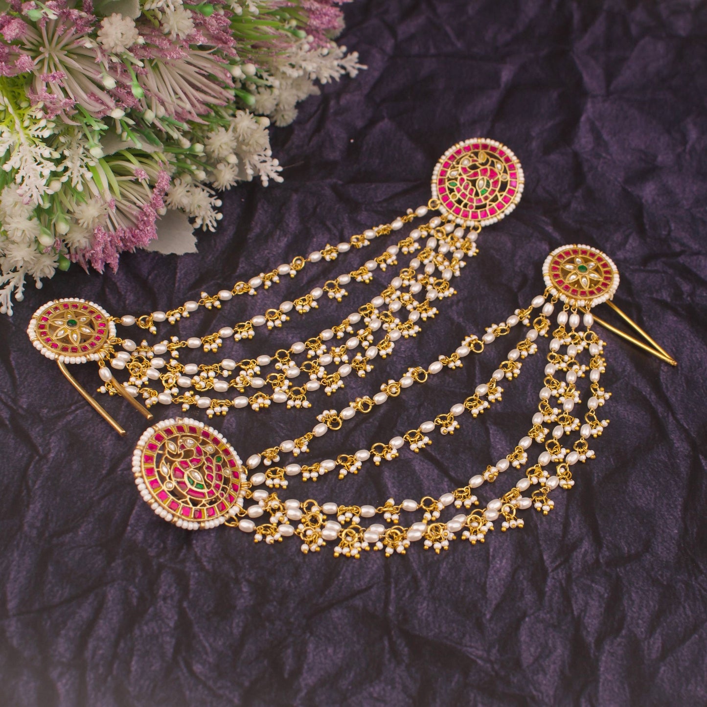Bridal Accessory - Jadau Kundan Hair Earrings,Champasaralu & Hair Pin