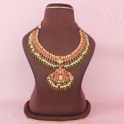 Traditional Jadau Kundan Necklace With Green Bead Fringe