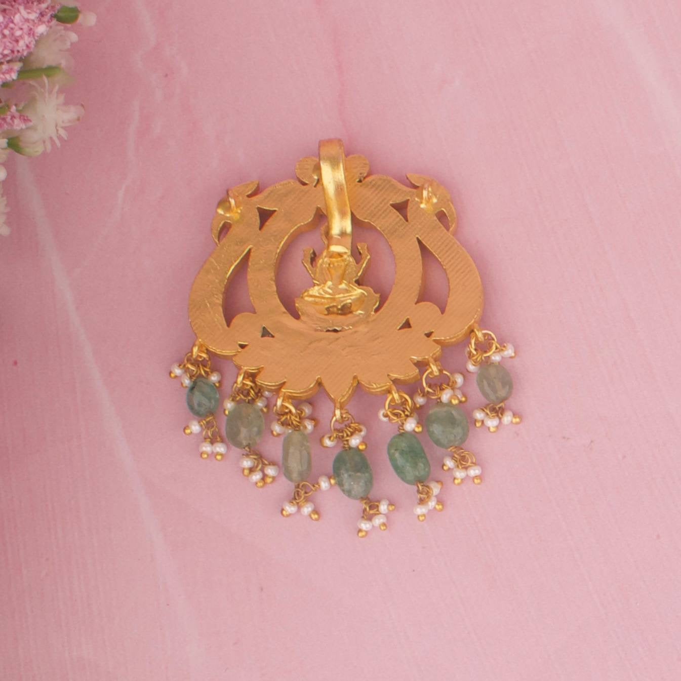 Elegant Laxmi Devi Locket With Emerald Green Beads