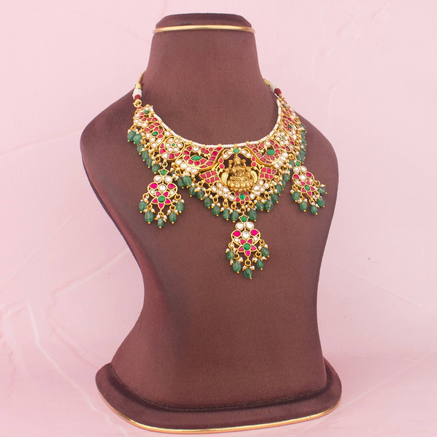 Ethnic Jadau Kundan Necklace Set With Green Beads