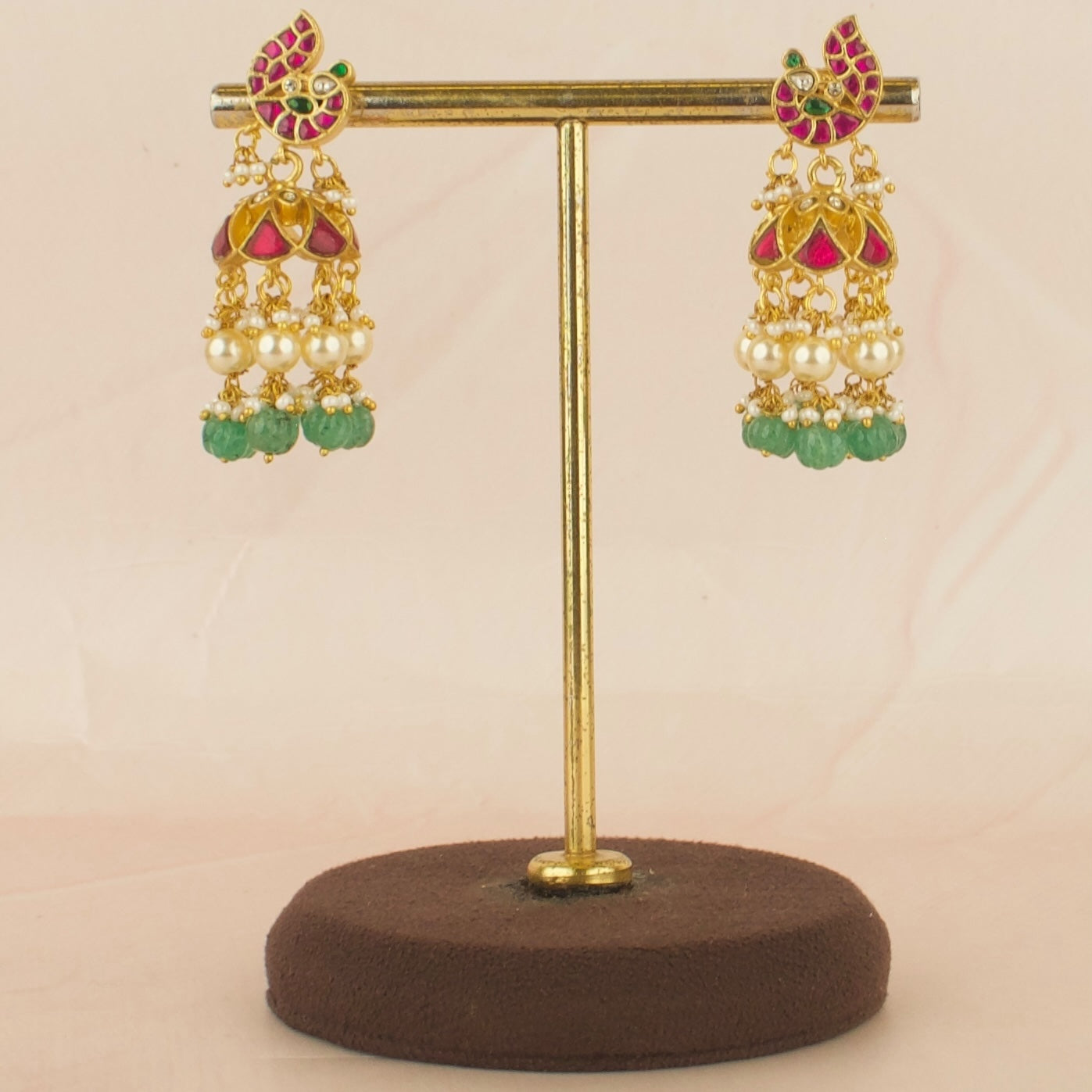 Peacock Design Studded Jadau Kundan Jhumki with Green Beads