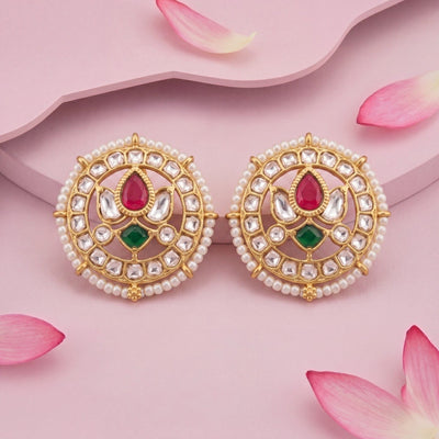 Regal Jadau Kundan Stud Earrings With Pearl Bordering