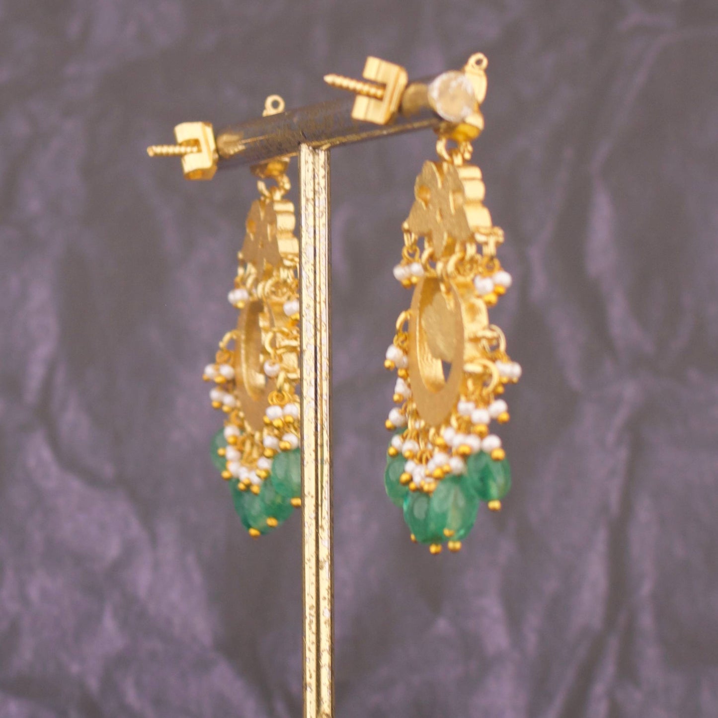 Classic Jadau Kundan Chandbali Earrings With Emerald Drops